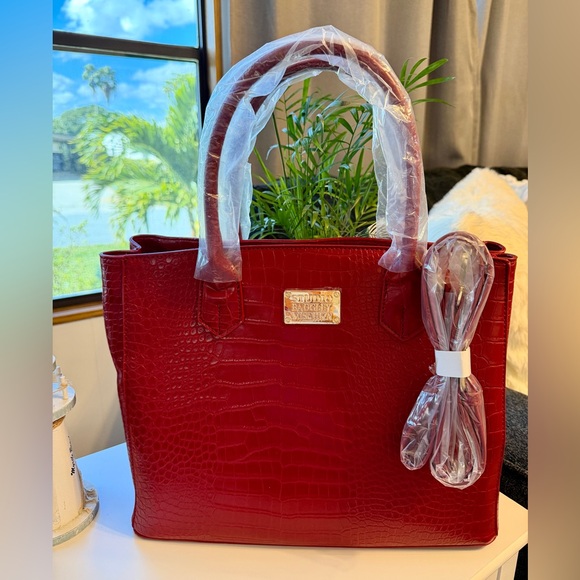 Badgley Mischka Handbags - BADGLEY MISCHKA STUDIO Wine Crocodile-Embossed Shoulder Tote Bag